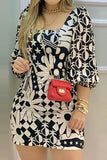 Zjkrl - Beige Sexy Street Geometric Printing Square Collar One Step Skirt Dresses