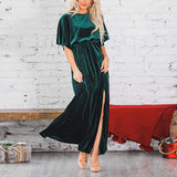 Zjkrl - Fashion Velvet Round Neck High Slit Maxi Dresses
