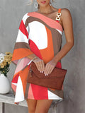 Zjkrl - Original Loose Contrast Color Printed One-Shoulder Mini Dresses