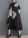Zjkrl - Loose Short Sleeves Buttoned Floral Printed Lapel Collar Midi Dresses