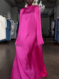 Zjkrl - Flared Sleeves Long Sleeves Solid Color High-Neck Maxi Dresses
