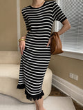 Zjkrl - Short Sleeves Striped Tasseled Round-Neck Midi Dresses