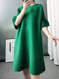 Zjkrl - Stylish Selection Flared Sleeves A-Line Pleated Solid Color Round-Neck Midi Dresses