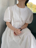 Zjkrl - Original Loose Solid Color Pleated Puff Sleeves Midi Dress