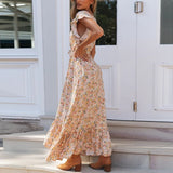 Zjkrl - Summer Beach Maxi Dress Women Floral Print Boho Long Dress Ruffles Wrap Casual V-Neck Split Sexy Party Dress