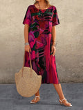 Zjkrl - A-Line Loose Printed Round-Neck Midi Dresses