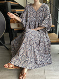 Zjkrl - Vintage Floral Printed V-Neck Pleated Puff Sleeves Midi Dress