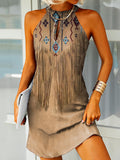 Zjkrl - Western Fringed Print Halterneck Mini Dress