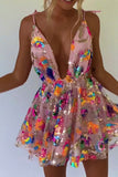 Zjkrl Rainbow Sequin Open Back Slip Mini Dress