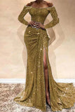 Zjkrl - Deep Blue Sexy Formal Solid Patchwork Slit Off the Shoulder Evening Dress Dresses