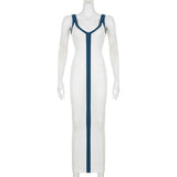 Women's Sexy V-Neck Wide Shoulder Strap Contrasting Color Slim Chic Dress Beach Holidays Long Dress