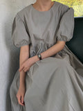 Zjkrl - Original Loose Solid Color Pleated Puff Sleeves Midi Dress