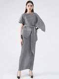 Zjkrl - Urban Loose Solid Color Tied Pleated Top&V-Back Vest Dress Two Pieces Set