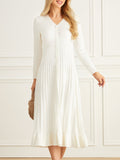 Elegant Plain Long Sleeve Buttoned Pleated Sweater Dress