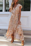 Zjkrl - Summer Beach Maxi Dress Women Floral Print Boho Long Dress Ruffles Wrap Casual V-Neck Split Sexy Party Dress