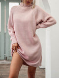 Zjkrl - Simple Casual Loose Solid Color High-Neck Long Sleeves Sweater Dress