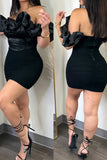 Zjkrl - Black Sweet Daily Party Elegant Patchwork Stringy Selvedge Off the Shoulder Mini Dress Dresses