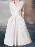 Zjkrl - Stylish A-Line Long Sleeves Pleated Solid Color Lapel Midi Dresses