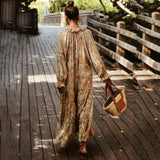 Zjkrl - Floral Bohemian V Neck Long Sleeve Maxi Dress