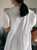 Zjkrl - Original Loose Solid Color Pleated Puff Sleeves Midi Dress