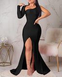 Zjkrl - Asymmetrical One Shoulder High Slit Backless Mermaid Dress