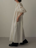 Zjkrl - Loose Puff Sleeves Pleated Solid Color Split-Joint Tiered V-Neck Midi Dresses