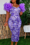 Zjkrl - Purple Fashion Sexy Print Patchwork Slit Off the Shoulder Evening Dress