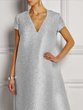 Zjkrl - Loose Short Sleeves Shiny Solid Color V-Neck Maxi Dresses