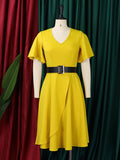 Zjkrl - Irregular Clipping Plus Size Belted Solid Color Round-Neck Midi Dresses