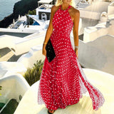 Zjkrl - Fashion Sexy Halter Print Pleated Long Dress Women Sweet O Neck Beach Maxi Dress