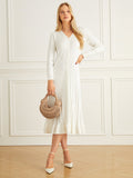 Elegant Plain Long Sleeve Buttoned Pleated Sweater Dress