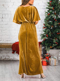 Zjkrl - Fashion Velvet Round Neck High Slit Maxi Dresses