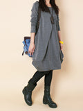 Zjkrl - Original Loose Pleated 4 Colors Round-Neck Long Sleeves Short Dress