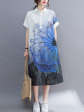 Zjkrl - Artistic Retro Floral Printed Buttoned Lapel Collar Short Sleeves Midi Shirt Dress