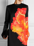 Zjkrl - Long Sleeves Loose Flower Print Round-Neck Maxi Dresses