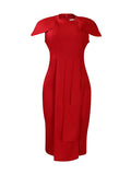 Zjkrl - Short Sleeves Skinny Pleated Solid Color Split-Back Split-Front Split-Joint Round-Neck Midi Dresses