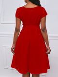 Zjkrl - Bowknot Lace-Up Solid Color V-Neck Midi Dresses