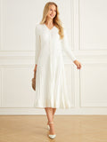 Elegant Plain Long Sleeve Buttoned Pleated Sweater Dress