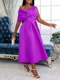 Zjkrl - Wrap Hollow Pleated Solid Color Zipper One-Shoulder Midi Dresses
