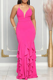 Zjkrl - Rose Red Sweet Daily Elegant Patchwork Flounce Solid Color Spaghetti Strap Dresses