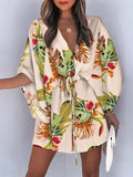 Zjkrl - Original Loose Floral Printed Tied Buttoned Mini Shirt Dress