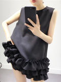 Zjkrl - Loose Sleeveless Falbala Solid Color Split-Joint Zipper Round-Neck Mini Dresses