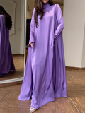 Zjkrl - Flared Sleeves Long Sleeves Solid Color High-Neck Maxi Dresses