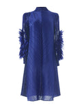 Zjkrl - Long Sleeves Loose Embroidered Pleated Solid Color Round-Neck Midi Dresses