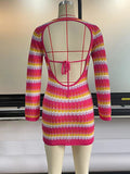 Zjkrl - Long Sleeves Skinny Backless Contrast Color Tied Round-Neck Mini Dresses Sweater Dresses