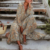 Zjkrl - Floral Bohemian V Neck Long Sleeve Maxi Dress