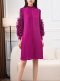 Zjkrl - Long Sleeves Loose Embroidered Pleated Solid Color Round-Neck Midi Dresses