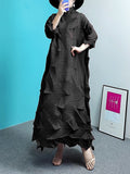 Zjkrl - Long Sleeves Loose Pleated Solid Color Stand Collar Maxi Dresses