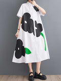 Zjkrl - Loose Short Sleeves Buttoned Floral Printed Lapel Collar Midi Dresses