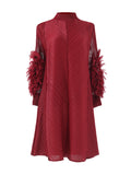 Zjkrl - Long Sleeves Loose Embroidered Pleated Solid Color Round-Neck Midi Dresses